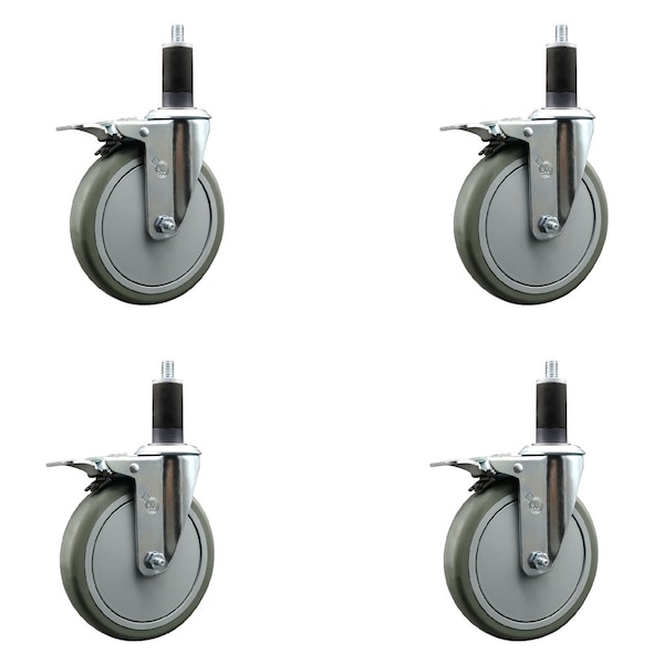 6'' Gray Poly Swivel 1-1/4'' Expanding Stem Caster Set Total Lock Brake, 4PK